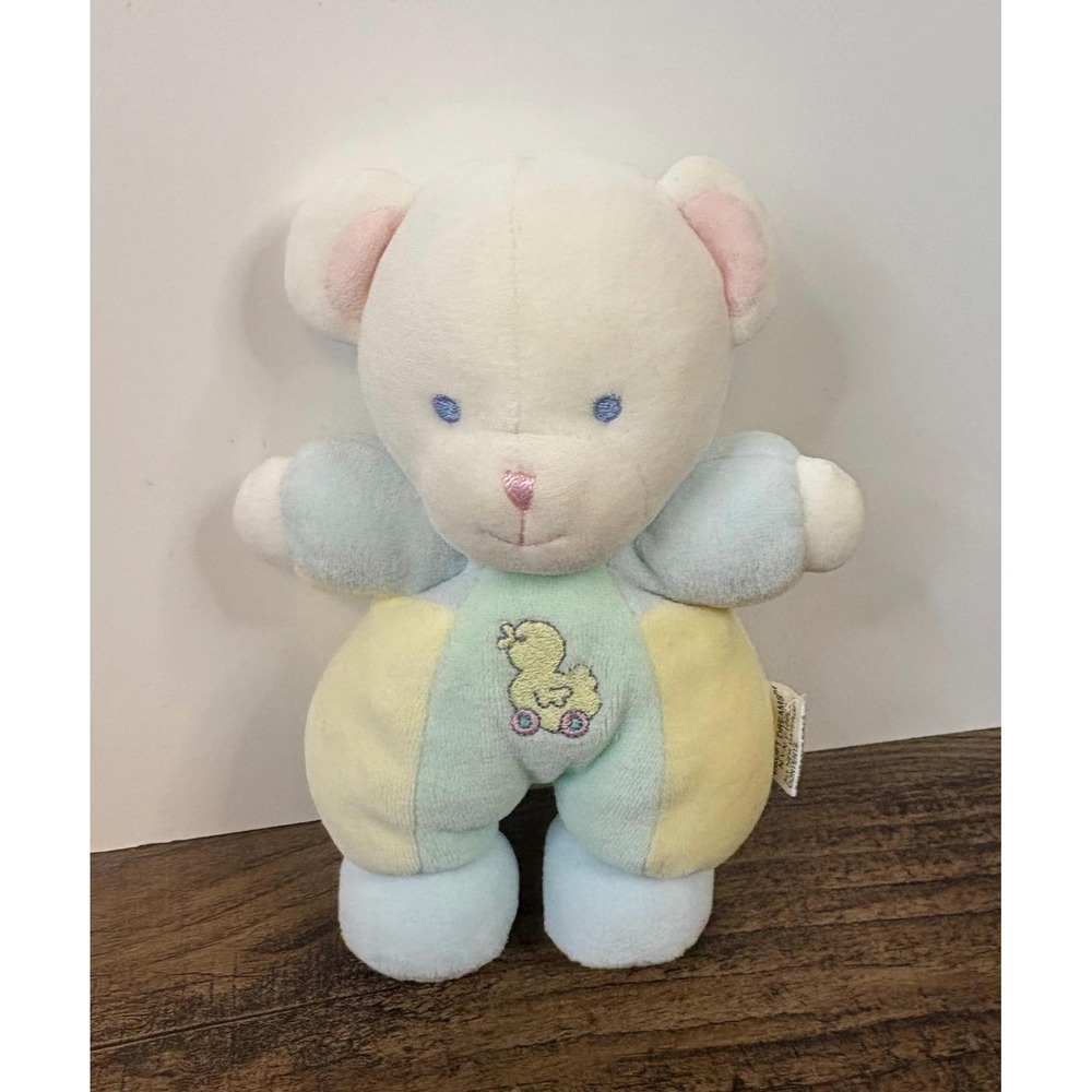 Vintage Soft Dreams White Bear 7" Plush Baby Rattle Pastel Color Block